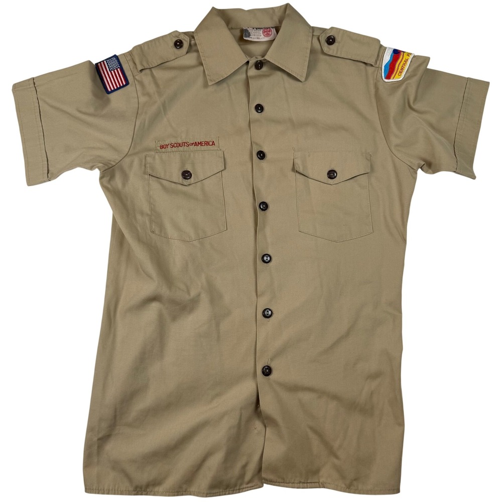 Boy Scouts of America Mens Medium Tan Short Sleeve Uniform Shirt Patches USA